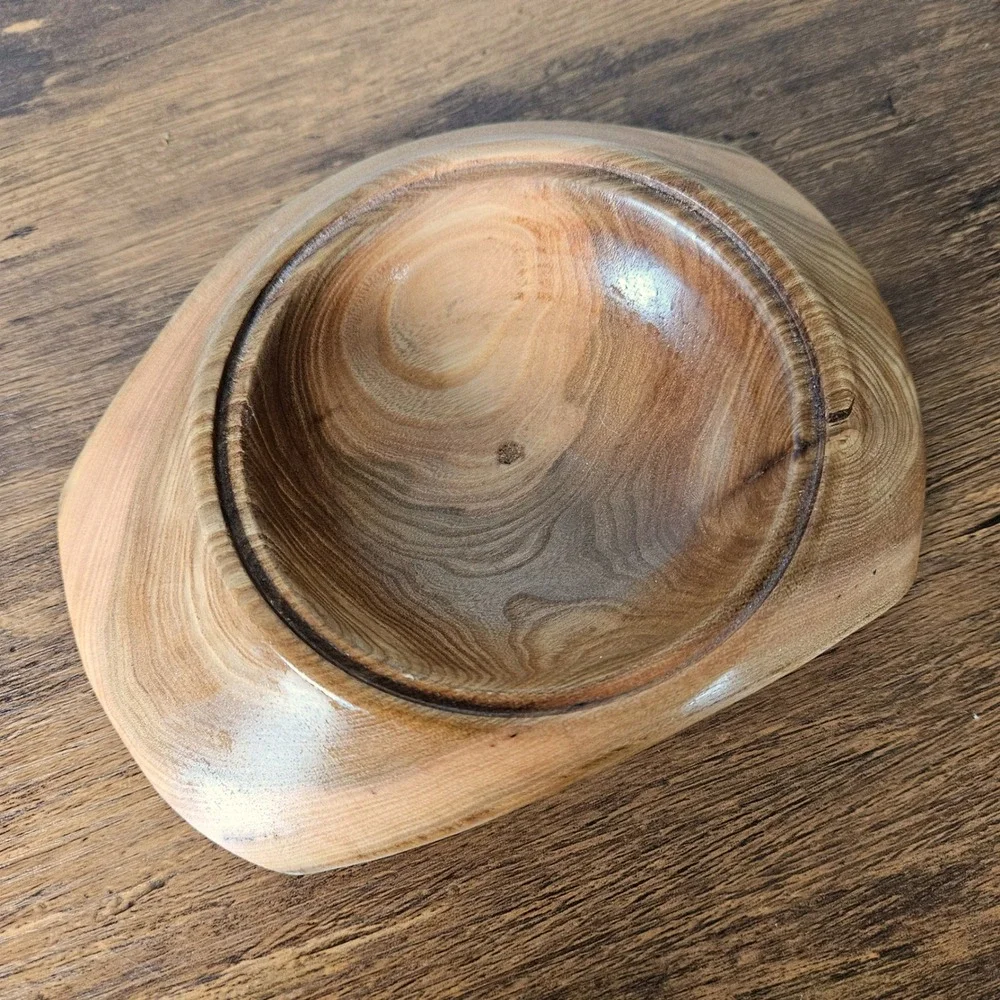 Artisan Hand Turned Elm Wood Trinket Bowl Ashtray Signed C Walker Organic Modern